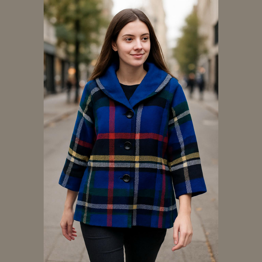 Vintage Blue and Red Plaid Pea Coat
